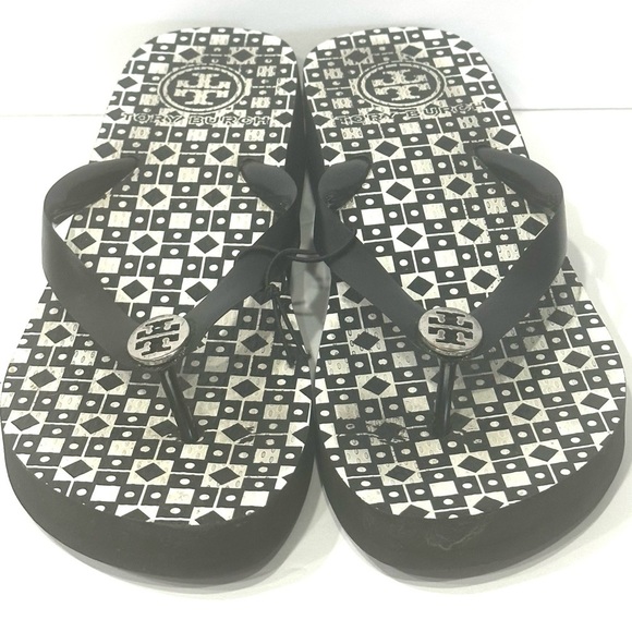 Tory Burch Womens Reva Rubber Flip Flops Black & Gray Logo Womens Wedges - Picture 10 of 11